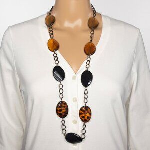 Brown/Amber Black And Spotted Large‎ Beads On A Dark Chain Necklace
